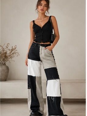 Patchwork Wide Leg Jeans Size M Black White Raw Hem Cotton Streetwear Pants